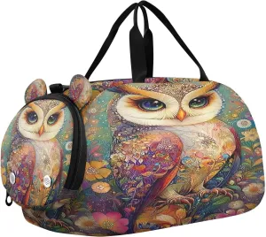 Travel Duffle Bag for Kids Boys Girls Owl Josephine Flower Sports Bag Overnighter Duffle Sleepover Weekender with Shoes Compartment