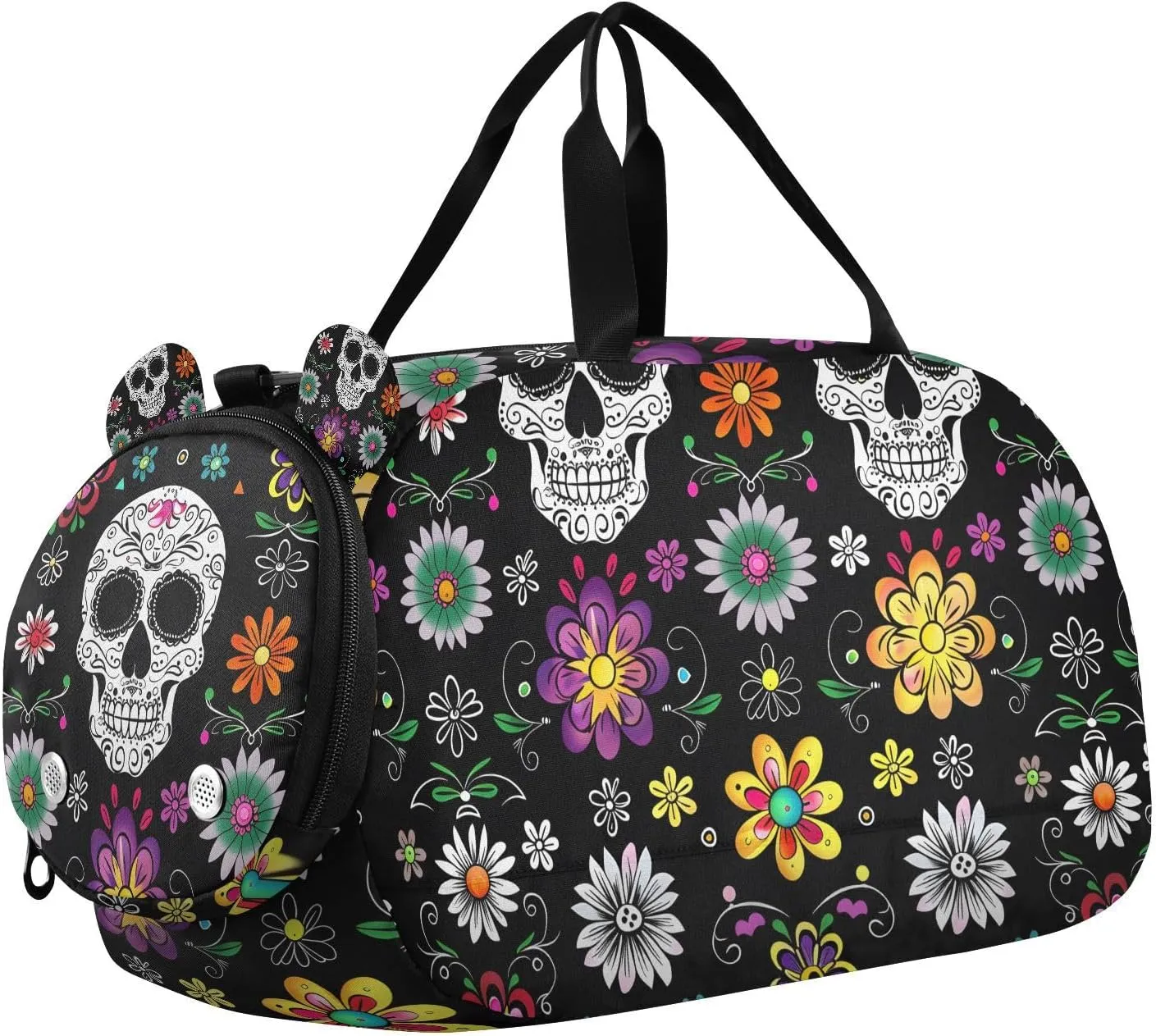 Travel Duffle Bag for Kids Boys Girls Skeleton Skull Flower Gothic Black Sports Bag Overnighter Duffle Sleepover Weekender with Shoes Compartment