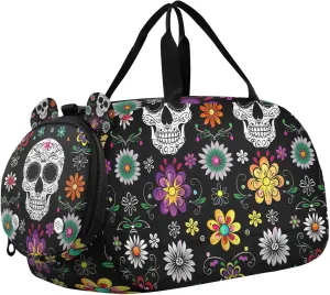 Travel Duffle Bag for Kids Boys Girls Skeleton Skull Flower Gothic Black Sports Bag Overnighter Duffle Sleepover Weekender with Shoes Compartment