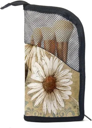 Travel Makeup Brush Holder, Large Stand-Up Makeup Brush Case, Professional Brush Organizer Foldable Makeup Artist Brush Storage Bag - Vintage Butterfly Daisy Flower