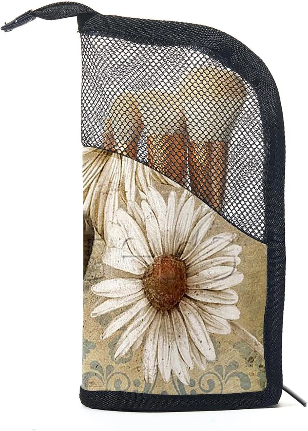 Travel Makeup Brush Holder, Large Stand-Up Makeup Brush Case, Professional Brush Organizer Foldable Makeup Artist Brush Storage Bag - Vintage Butterfly Daisy Flower