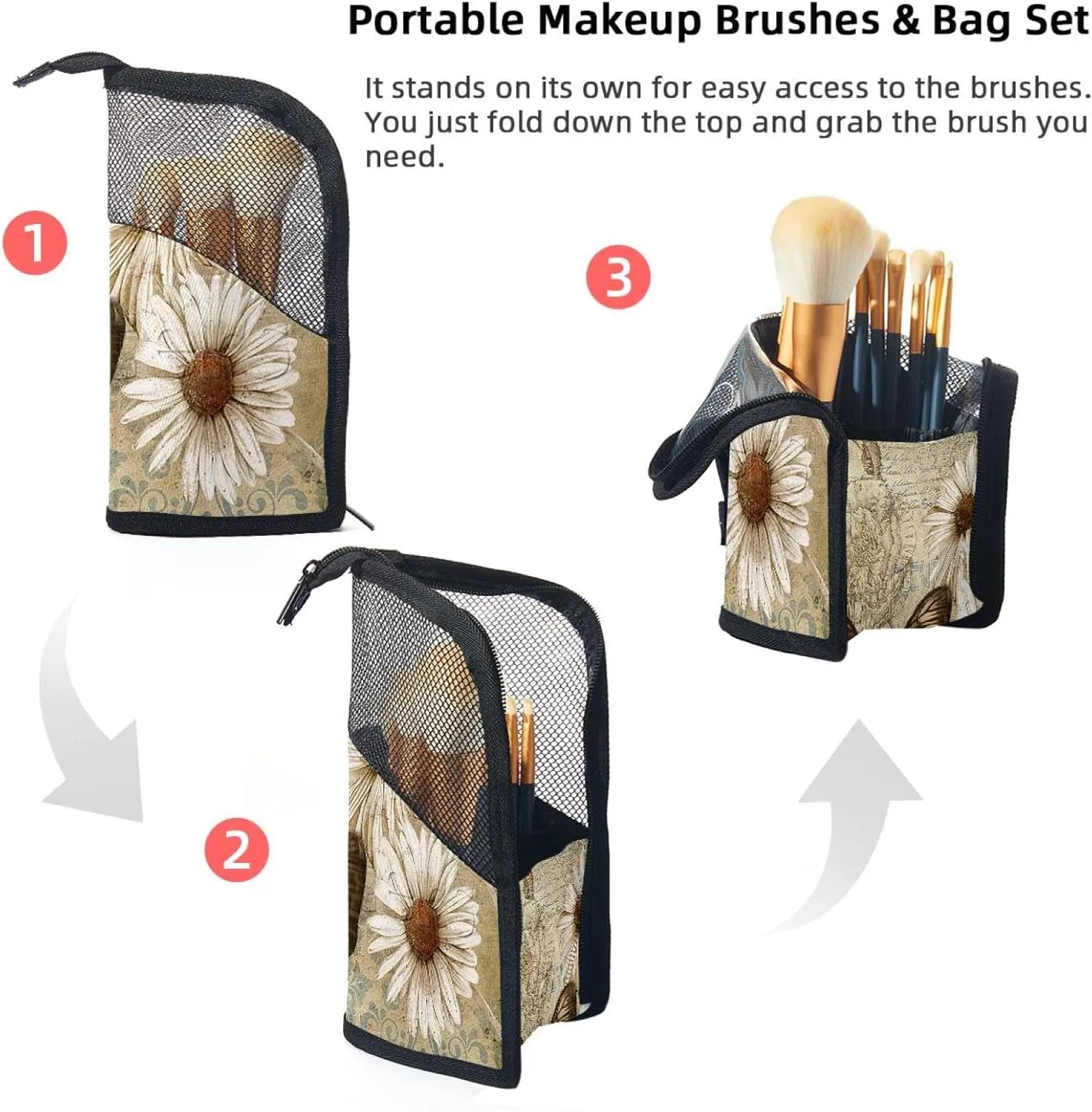 Travel Makeup Brush Holder, Large Stand-Up Makeup Brush Case, Professional Brush Organizer Foldable Makeup Artist Brush Storage Bag - Vintage Butterfly Daisy Flower