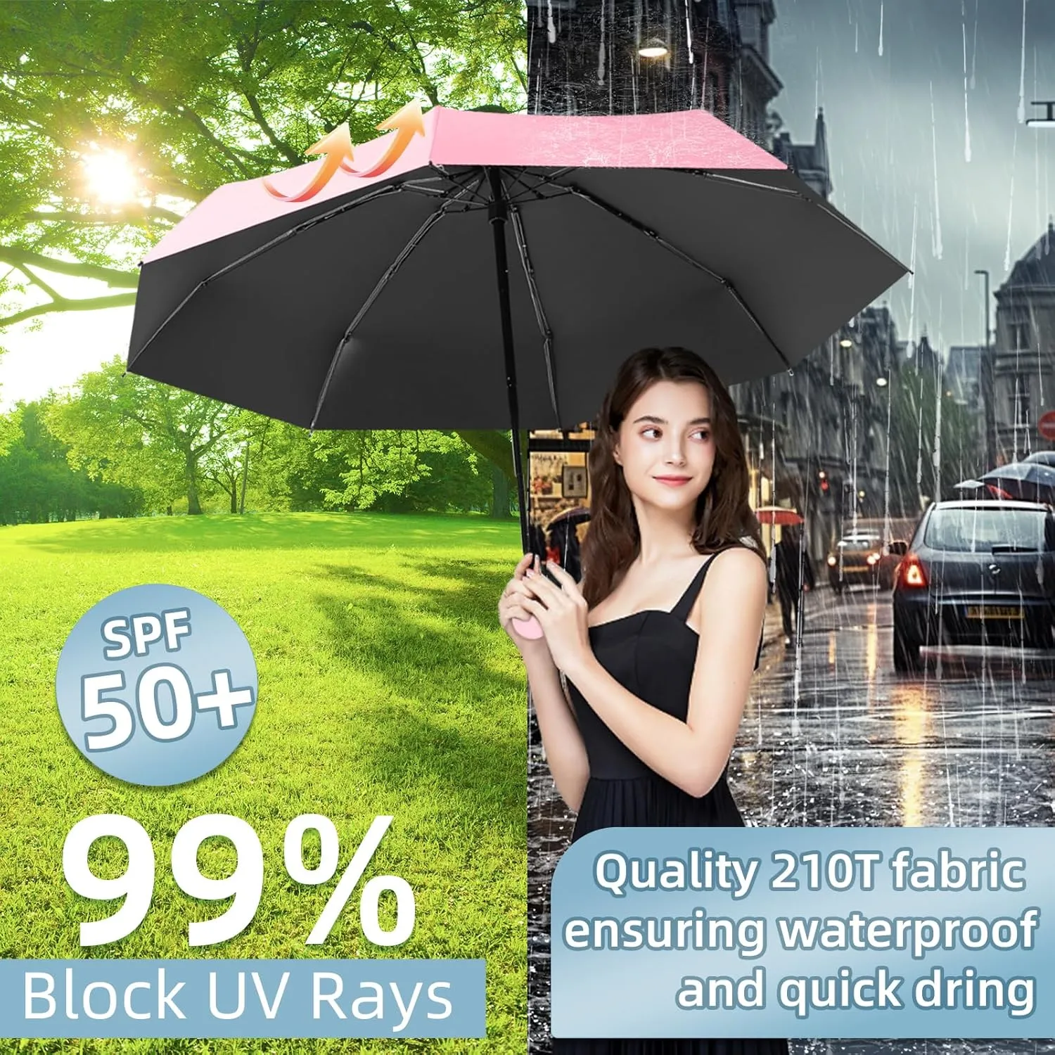 Travel Mini Folding Compact Umbrella with Case, 8 Ribs Lightweight Portable, Small Sun & Rain Pocket Umbrella for Girls and Women