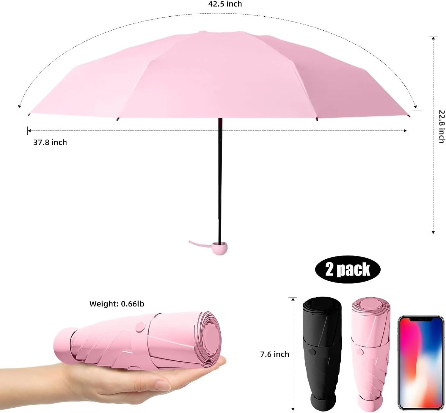 Travel Mini Folding Compact Umbrella with Case, 8 Ribs Lightweight Portable, Small Sun & Rain Pocket Umbrella for Girls and Women