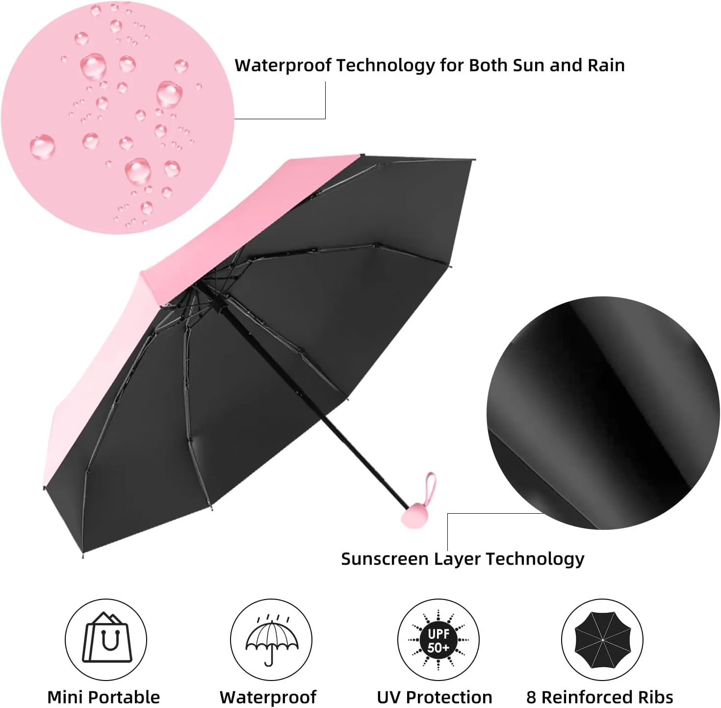 Travel Mini Folding Compact Umbrella with Case, 8 Ribs Lightweight Portable, Small Sun & Rain Pocket Umbrella for Girls and Women