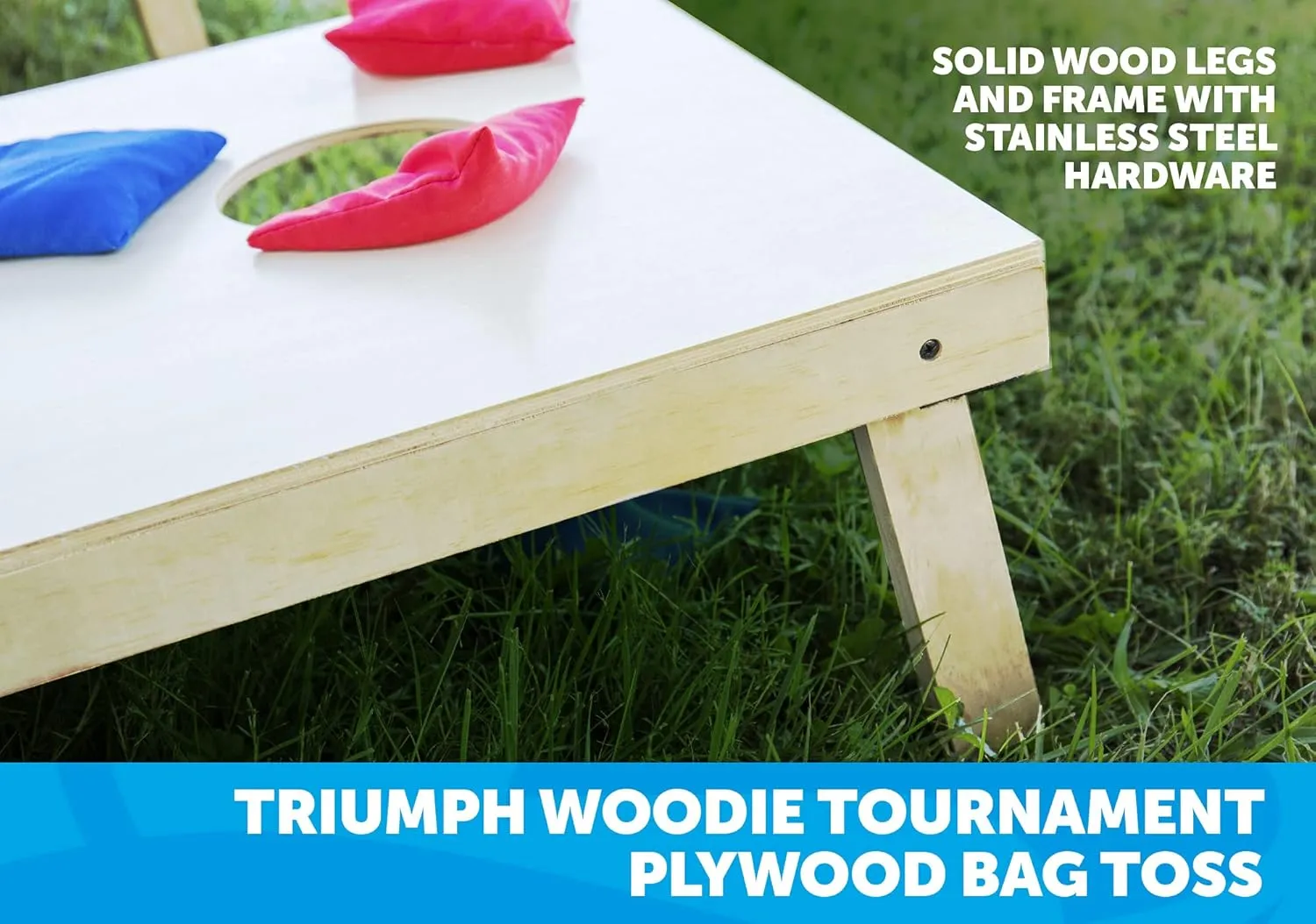 Triumph Sports 2x4 and 2x3 Solid Wood Premium Cornhole Sets - Poplar Veneer Plywood - Solid Wood Rear Legs - Interior Bag Storage - 8 Bags Included