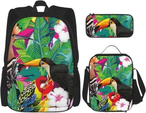 Tropical Birds And Plant Leaf Print Versatile Adjustable Shoulder Fashion Backpack Lunch Bag Pencil Case Large Capacity