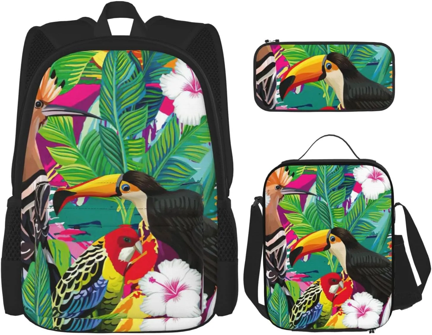 Tropical Birds And Plant Leaf Print Versatile Adjustable Shoulder Fashion Backpack Lunch Bag Pencil Case Large Capacity