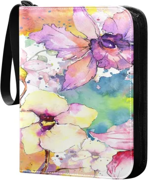 Tropical Flower Colorful Orchid Card Binder for Trading Cards, 4 Pocket with 50 Sleeves up to 400 Cards, Double Sided Pockets Card Holder Carry Case for Baseball Card, Football Card, Gaming Cards