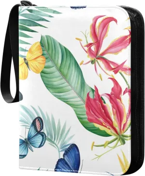 Tropical Flowers and Butterflies Pattern Card Binder for Trading Cards, 4 Pocket with 50 Sleeves up to 400 Cards, Double Sided Pockets Card Holder Carry Case for Baseball Card, Football Card, Gaming C