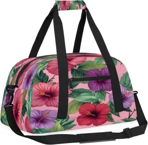 Tropical Leaves Flower Small Gym Bag for Women Men, Floral Travel Duffle Bag Workout Dance Tote Bag Carry On Overnight Weekender Bag