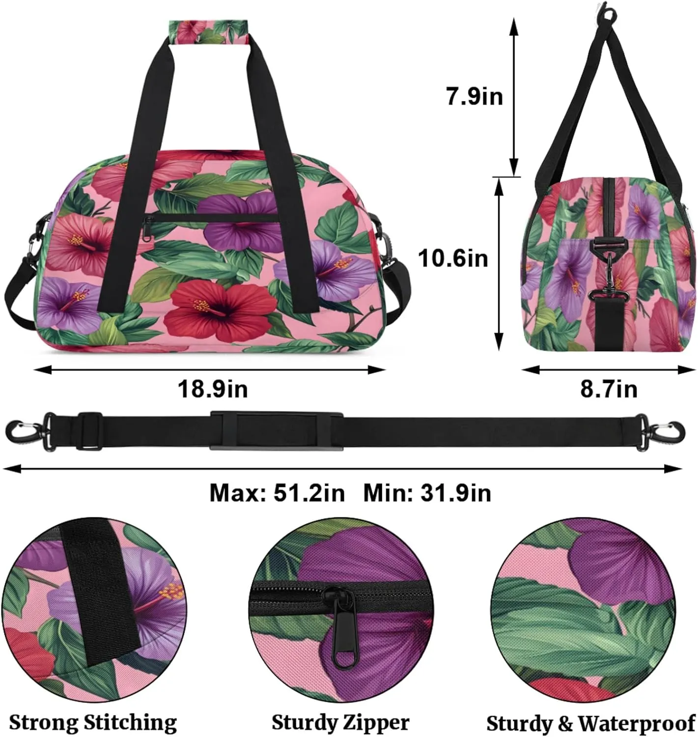 Tropical Leaves Flower Small Gym Bag for Women Men, Floral Travel Duffle Bag Workout Dance Tote Bag Carry On Overnight Weekender Bag