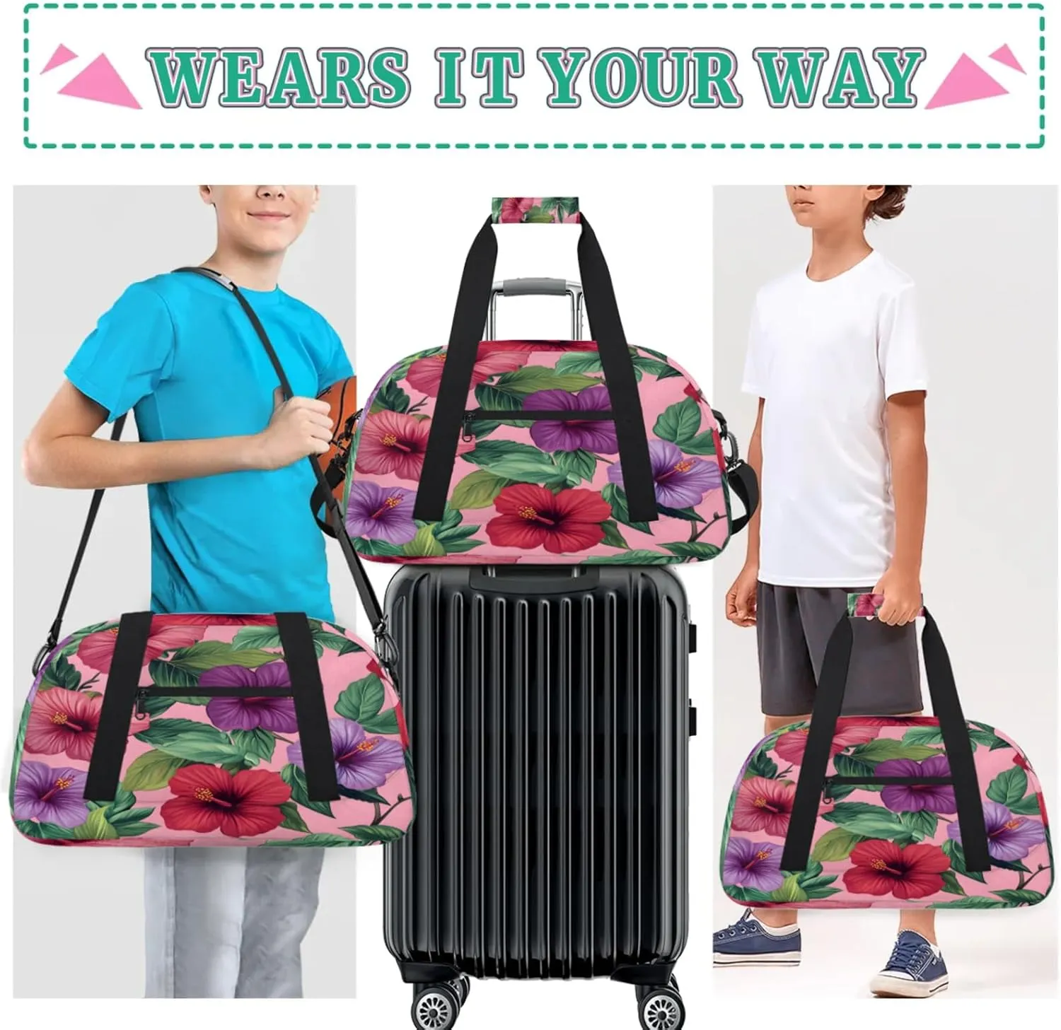 Tropical Leaves Flower Small Gym Bag for Women Men, Floral Travel Duffle Bag Workout Dance Tote Bag Carry On Overnight Weekender Bag