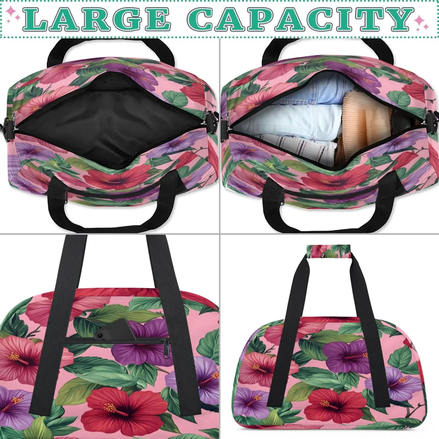 Tropical Leaves Flower Small Gym Bag for Women Men, Floral Travel Duffle Bag Workout Dance Tote Bag Carry On Overnight Weekender Bag