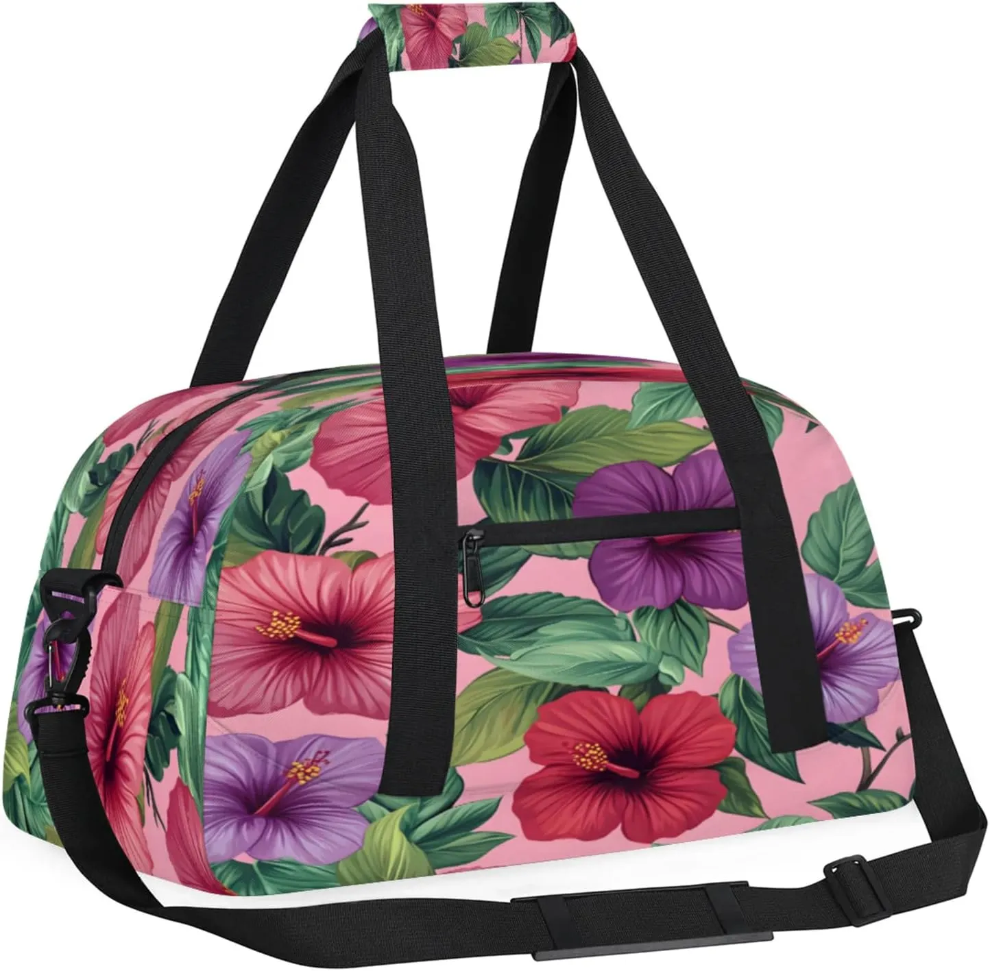 Tropical Leaves Flower Small Gym Bag for Women Men, Floral Travel Duffle Bag Workout Dance Tote Bag Carry On Overnight Weekender Bag