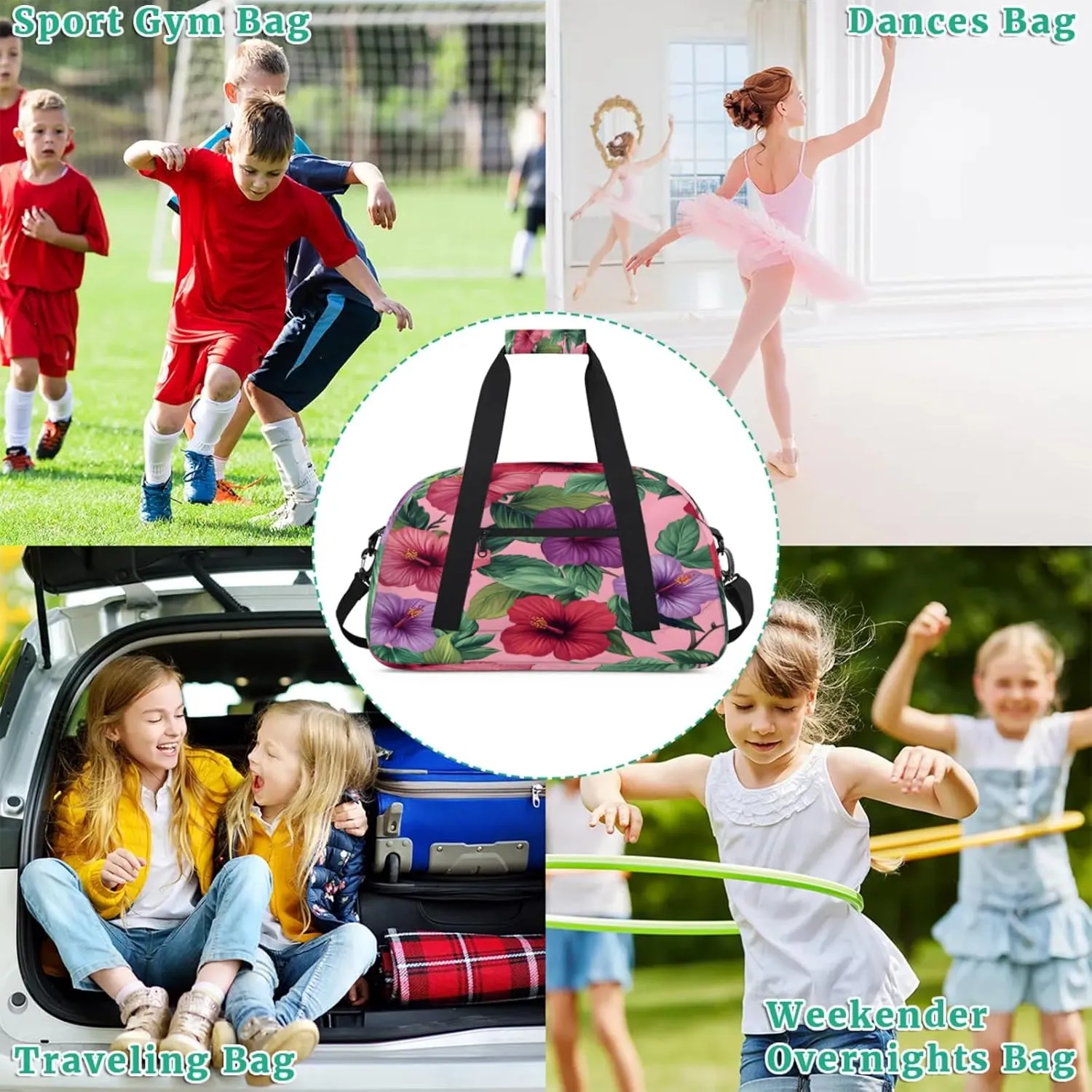 Tropical Leaves Flower Small Gym Bag for Women Men, Floral Travel Duffle Bag Workout Dance Tote Bag Carry On Overnight Weekender Bag