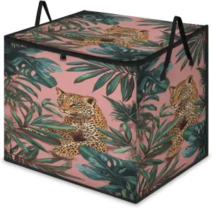 Tropical Leopard Large Storage Bags Fern Leaf Foldable Clothes Storage Bins Blanket Organizers Storage Containers with Reinforced Handles for Closet Comforter Pillow Bedding