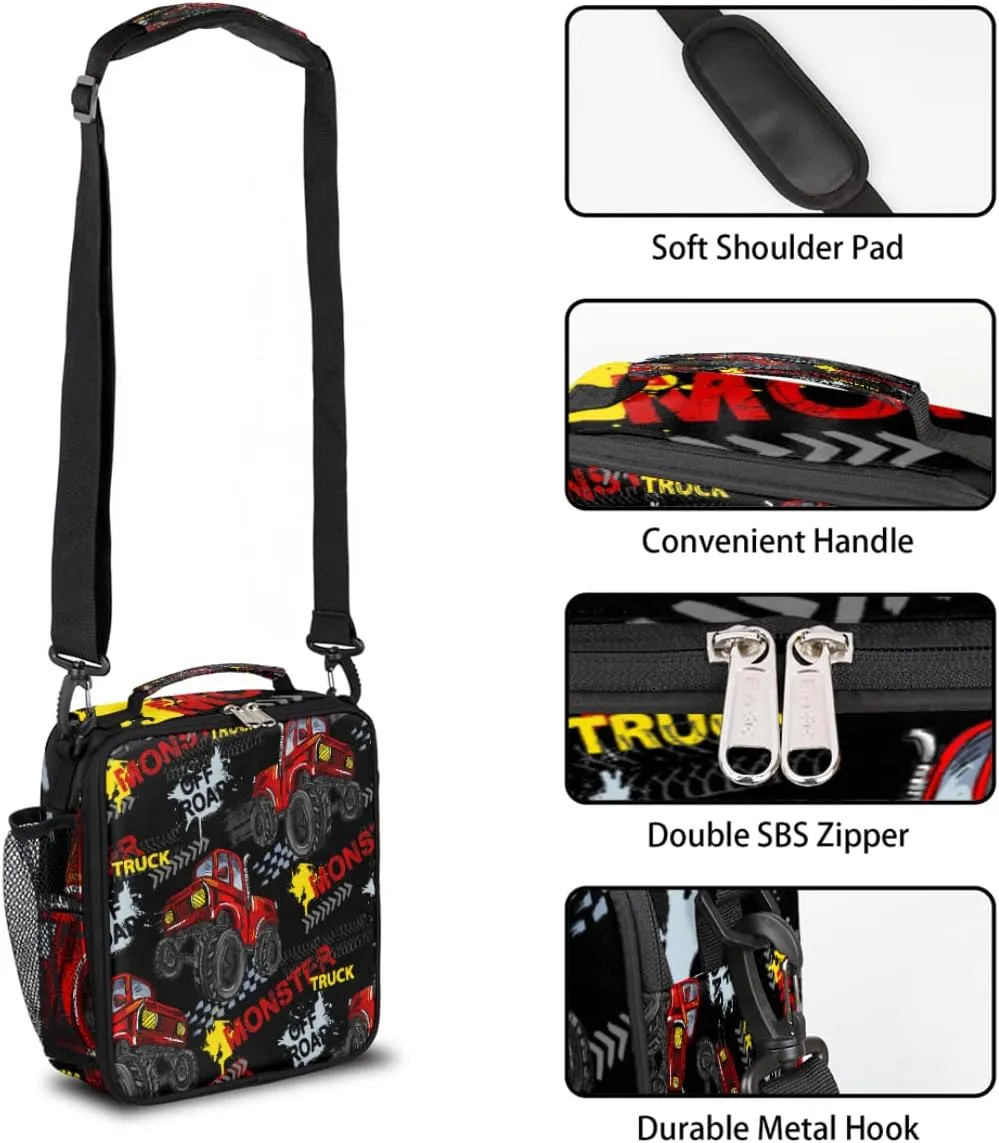 TropicalLife Monster Truck Reusable Insulated Lunch Box For Boy, Car Kids Tote Bag for School Office Work Picnic Beach Hiking