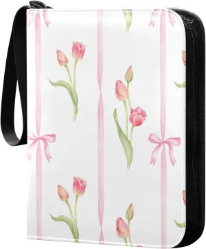 Tulip and Bow Patterns Card Binder for Trading Cards, 4 Pocket with 50 Sleeves up to 400 Cards, Double Sided Pockets Card Holder Carry Case for Baseball Card, Football Card, Gaming Cards