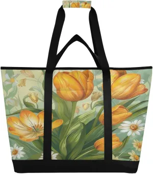 Tulip Flower Reusable Insulated Lunchbox Cooler Bag, Leakproof Kitchen Grocery Bag Collapsible Portable Cooler Tote Bag for Picnic, Camping, Office, Travel
