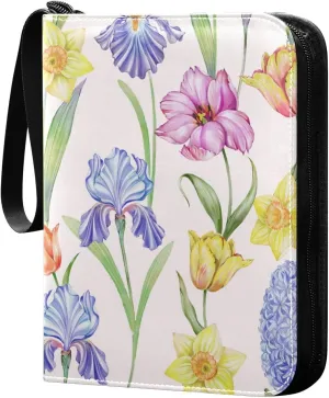 Tulip Narcissus Patterns Card Binder for Trading Cards, 4 Pocket with 50 Sleeves up to 400 Cards, Double Sided Pockets Card Holder Carry Case for Baseball Card, Football Card, Gaming Cards