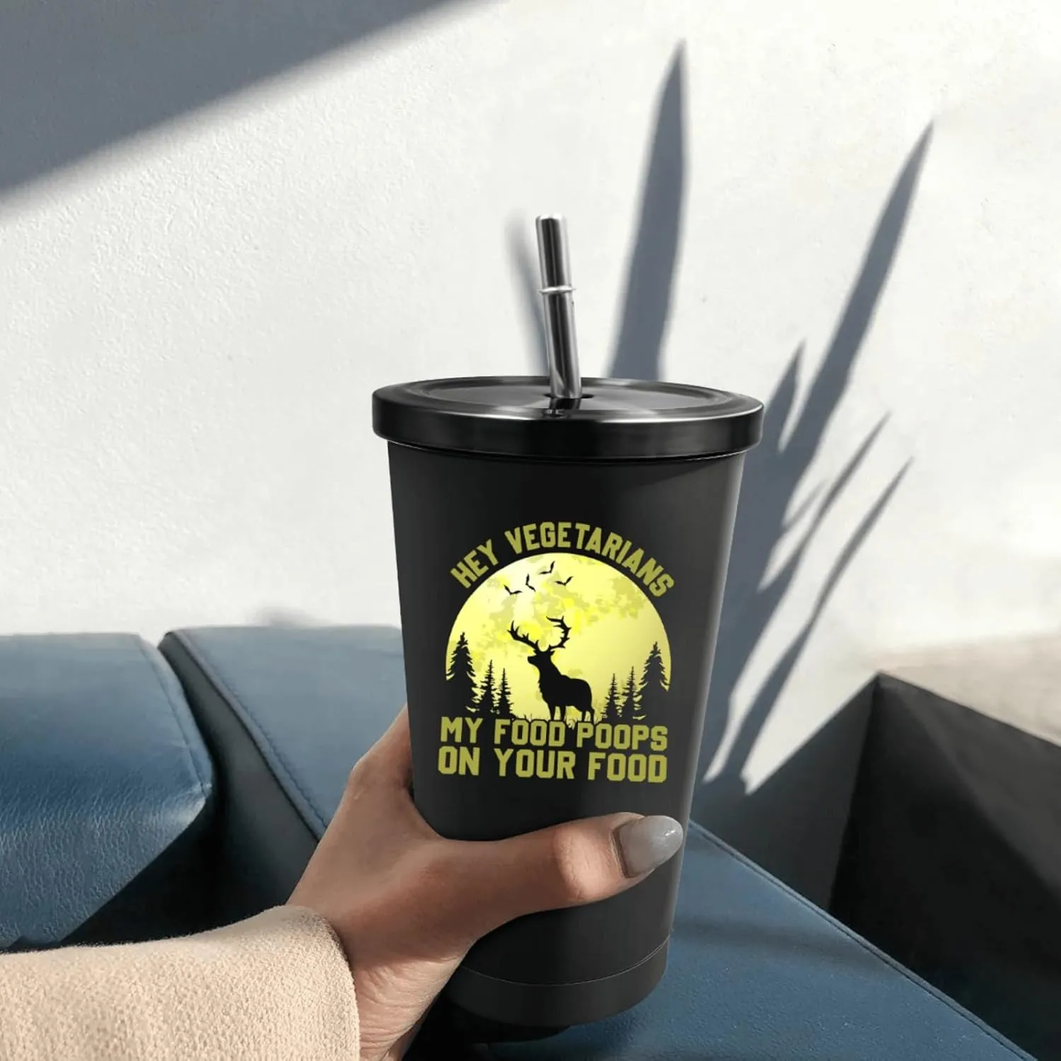 Tumbler Hey Vegetarians, My Food Poops On Your Food Tumbler Insulated Stainless Tumbler with Lids and Straws Christmas Gift for Mom for Outdoor