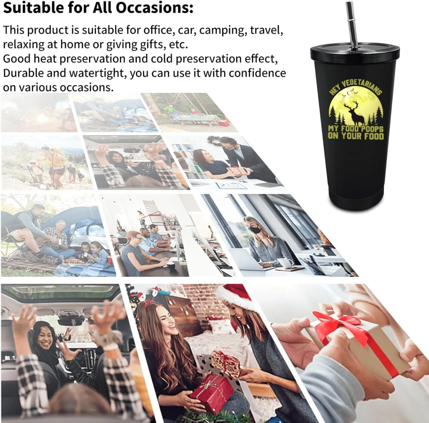 Tumbler Hey Vegetarians, My Food Poops On Your Food Tumbler Insulated Stainless Tumbler with Lids and Straws Christmas Gift for Mom for Outdoor