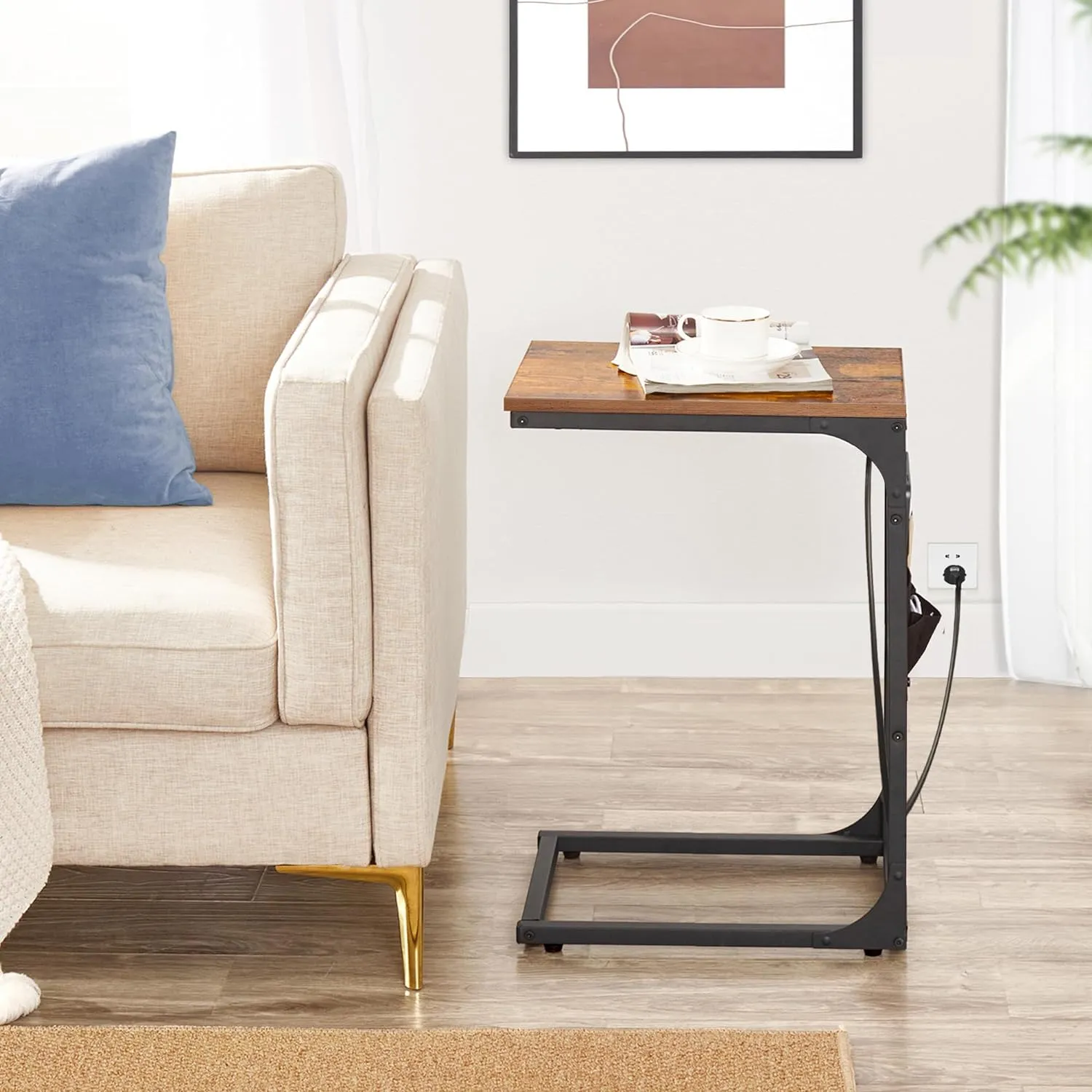 TUTOTAK C Shaped End Table with Charging Station, Side Table for Sofa, Couch with Storage Bag, Set of 2, TV Tray with 2 USB Ports and Outlets for Living Room, Bedroom, Brown TB01BB0242