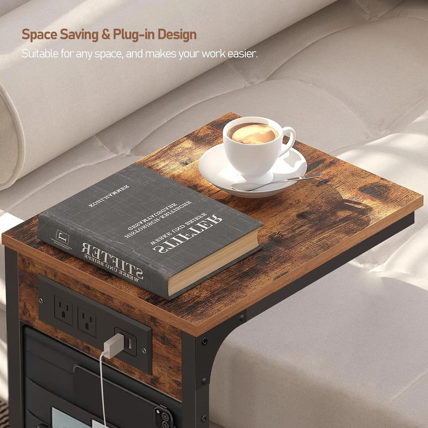 TUTOTAK C Shaped End Table with Charging Station, Side Table for Sofa, Couch with Storage Bag, Set of 2, TV Tray with 2 USB Ports and Outlets for Living Room, Bedroom, Brown TB01BB0242