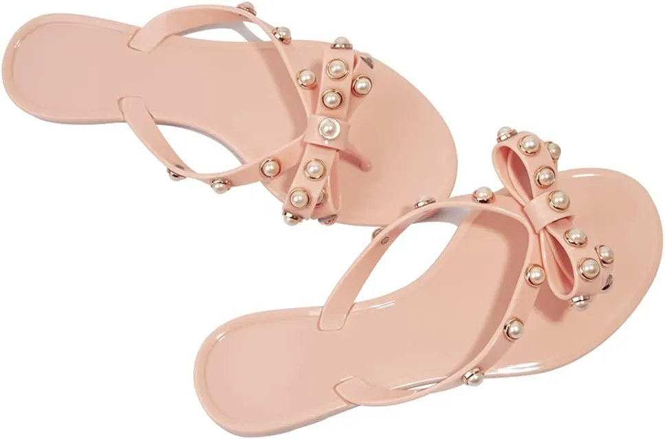TYFLOVE Women Rivet Flip Flops Studded Jelly Thong Sandals with Bow Summer Bowtie Flat Beach Rain Shoes