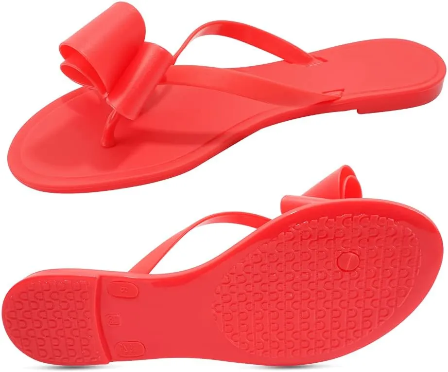 TYFLOVE Women Rivet Flip Flops Studded Jelly Thong Sandals with Bow Summer Bowtie Flat Beach Rain Shoes