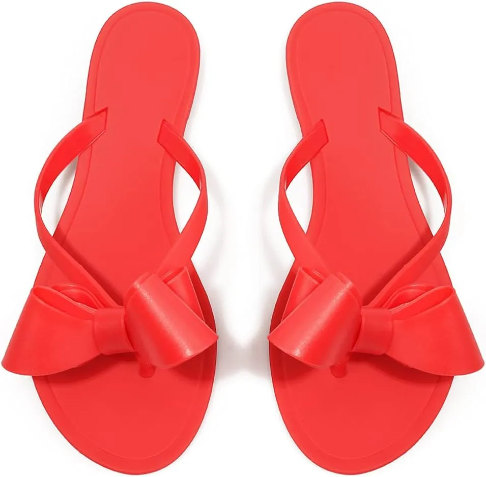 TYFLOVE Women Rivet Flip Flops Studded Jelly Thong Sandals with Bow Summer Bowtie Flat Beach Rain Shoes