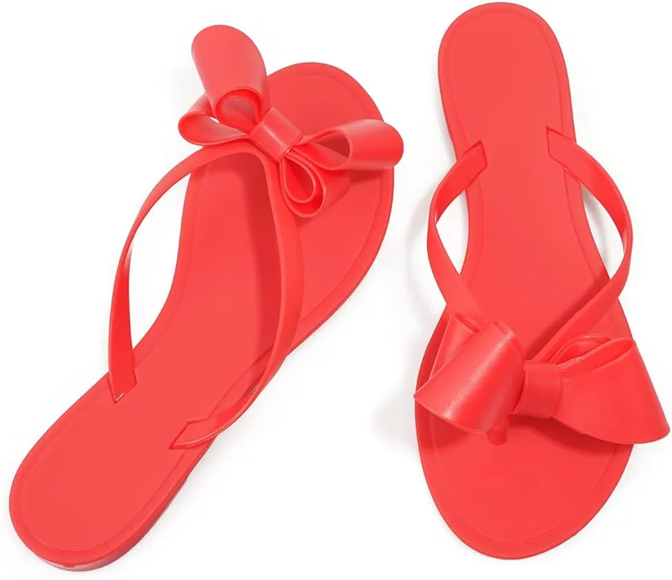 TYFLOVE Women Rivet Flip Flops Studded Jelly Thong Sandals with Bow Summer Bowtie Flat Beach Rain Shoes