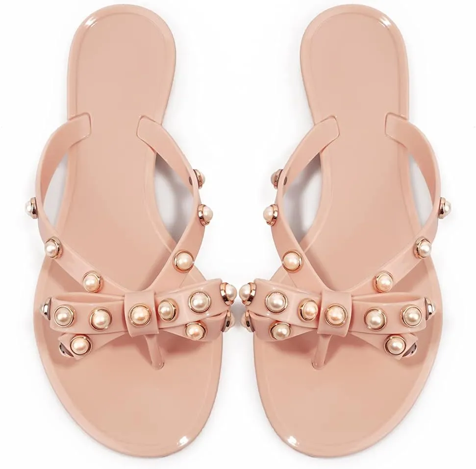 TYFLOVE Women Rivet Flip Flops Studded Jelly Thong Sandals with Bow Summer Bowtie Flat Beach Rain Shoes