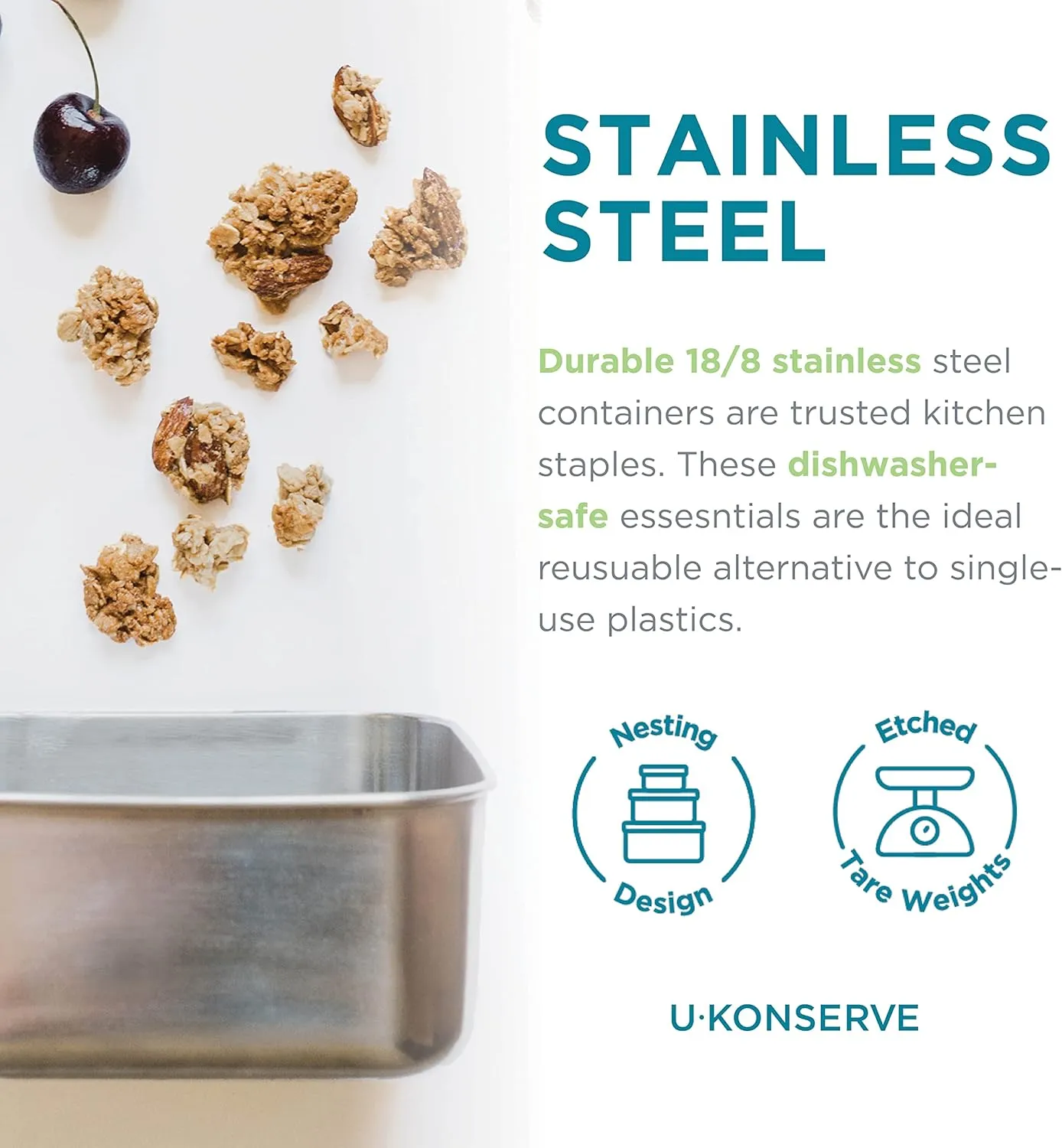 U Konserve Stainless Steel Rectangle Food Storage Bento Box Container, Leak Proof Silicone Lid Dishwasher Safe - Plastic Free, (45oz Clear)