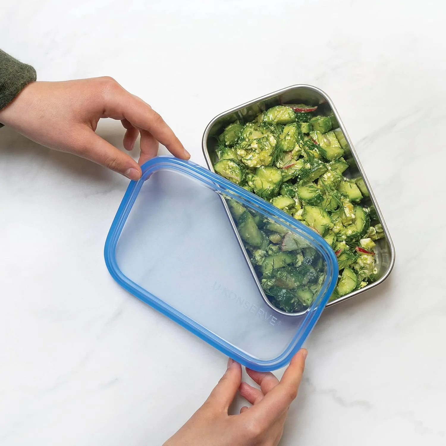 U Konserve Stainless Steel Rectangle Food Storage Bento Box Container, Leak Proof Silicone Lid Dishwasher Safe - Plastic Free, (45oz Clear)