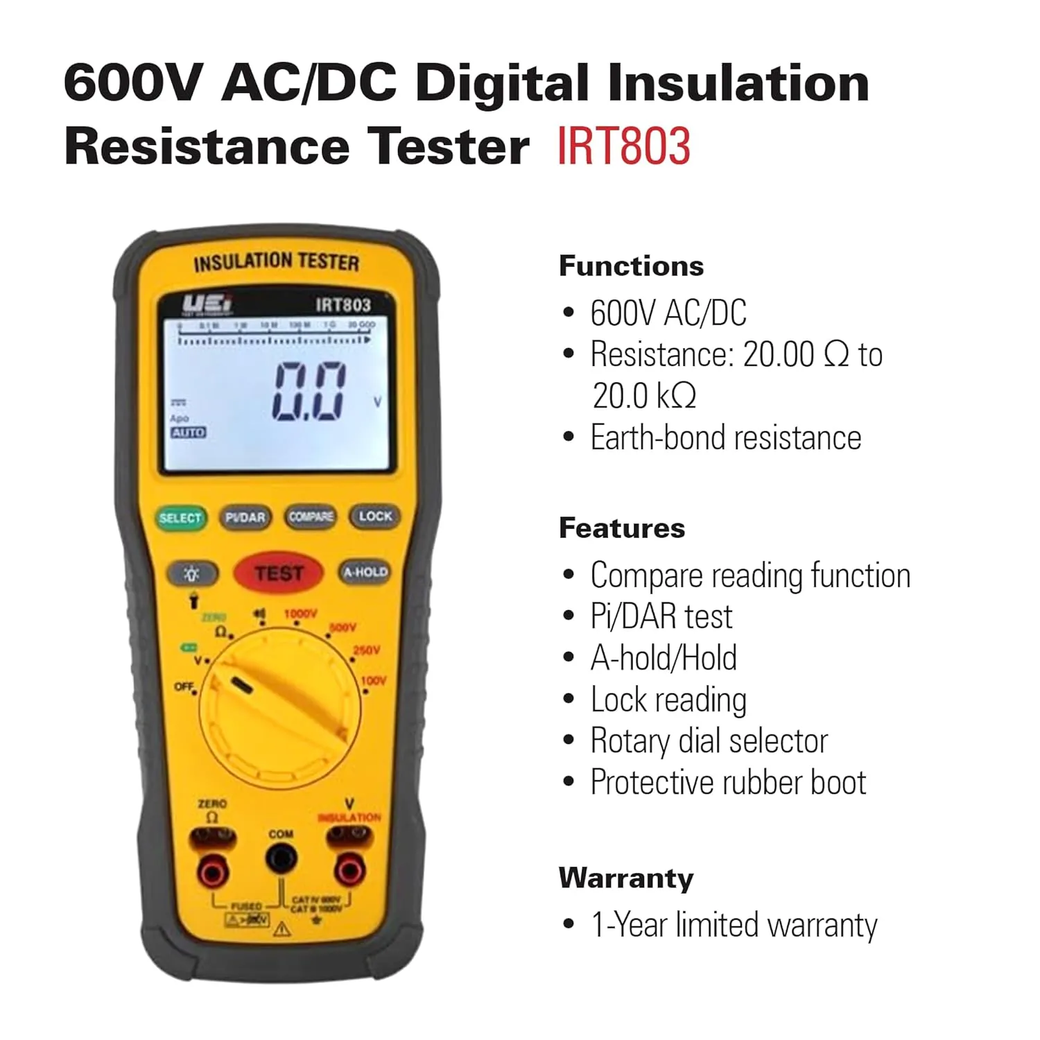 UEi IRT803 Insulation Resistance Tester 600V AC/DC, Megohmmeter Measures Insulation Resistance Up to 20GΩ, Voltage Testing Up to 600V