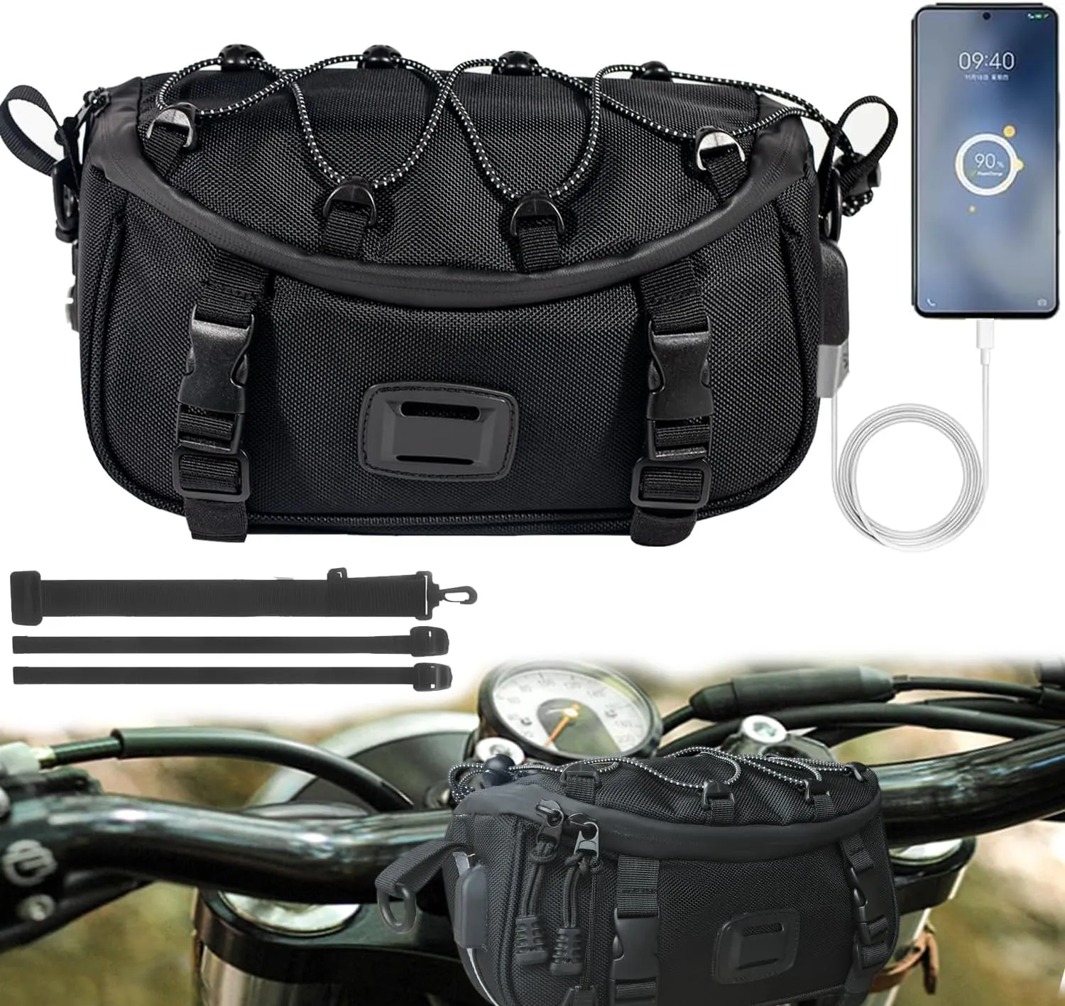 Universal Motorcycle Bag, Black Motorcycle Handlebar Bag Tool Bag Front Fork Bag Sissy Bar Bag 1680D Water Resistant For Motorbike Dirt Bike Snowmobile ATV with USB Charge Port