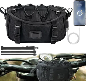 Universal Motorcycle Bag, Black Motorcycle Handlebar Bag Tool Bag Front Fork Bag Sissy Bar Bag 1680D Water Resistant For Motorbike Dirt Bike Snowmobile ATV with USB Charge Port
