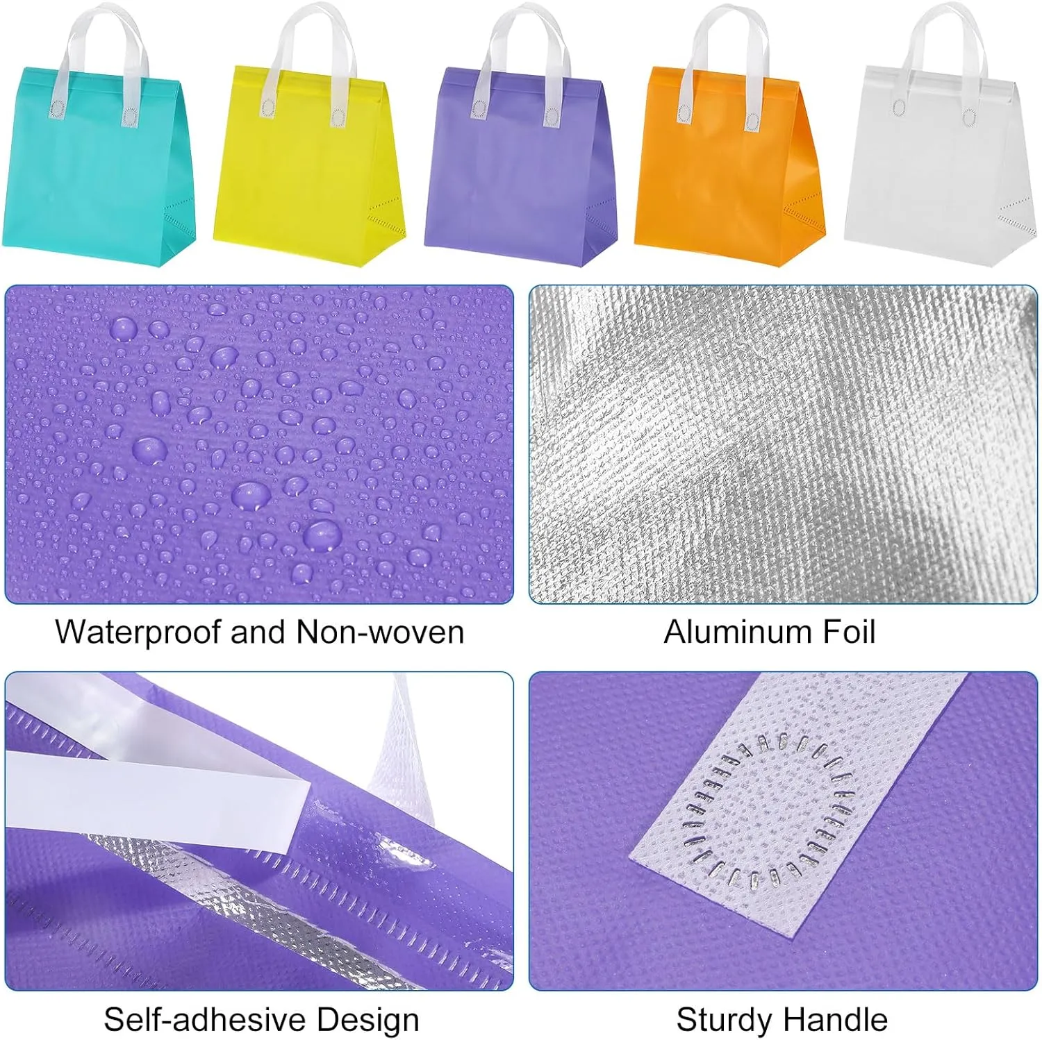 uxcell 50pcs Insulated Take Out Bags, 9.4" x 5.9" x 10.2" Insulated Take Away Bags Thermal Disposable Lunch Bags Disposable Cooler Bags for Hot Cold Food Catering Grocery Picnic Purple