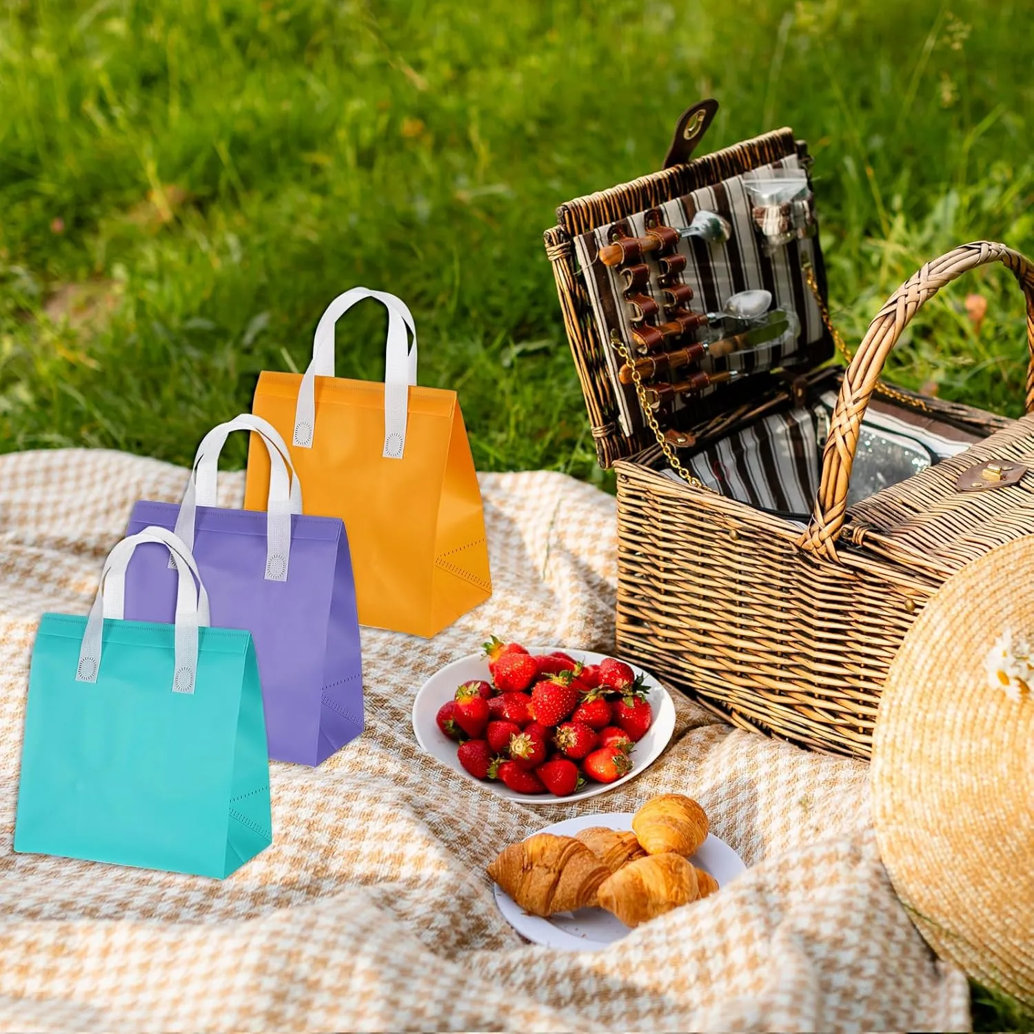 uxcell 50pcs Insulated Take Out Bags, 9.4" x 5.9" x 10.2" Insulated Take Away Bags Thermal Disposable Lunch Bags Disposable Cooler Bags for Hot Cold Food Catering Grocery Picnic Purple