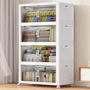 V20 400QT Stackable Storage Bins with Lid, 100Gal Plastic Box, Collapsible Containers with Wheels, Foldable Cabinets with Doors, Closet Organizer, 4Pack White