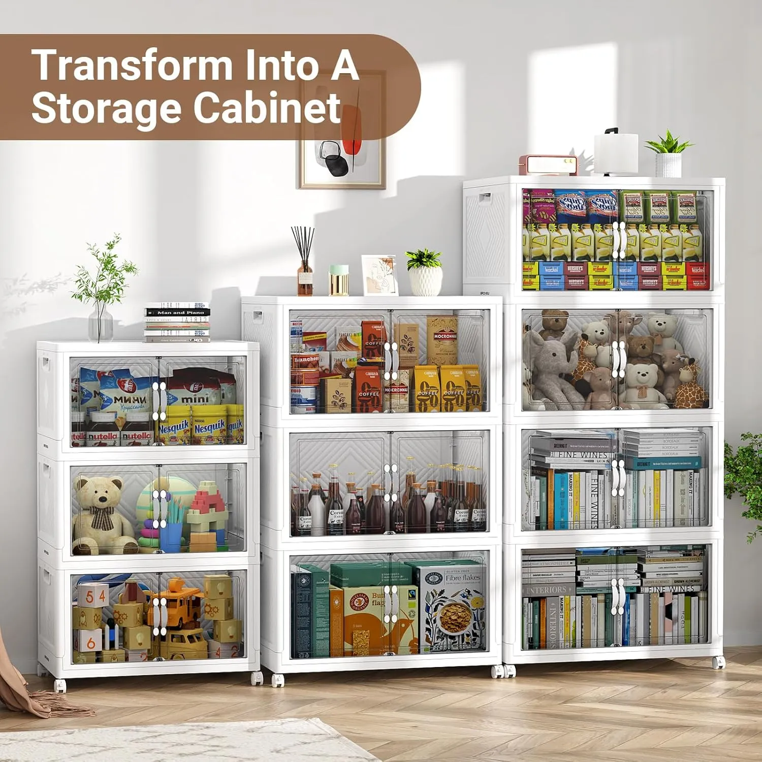 V20 400QT Stackable Storage Bins with Lid, 100Gal Plastic Box, Collapsible Containers with Wheels, Foldable Cabinets with Doors, Closet Organizer, 4Pack White