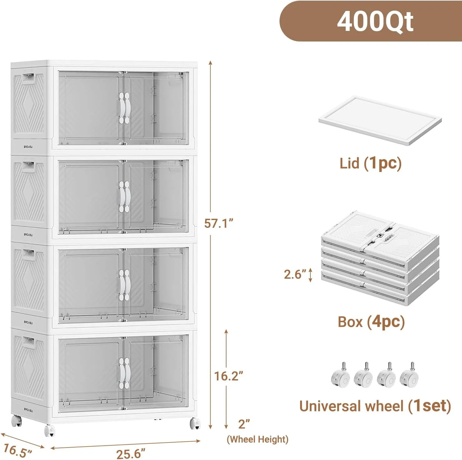 V20 400QT Stackable Storage Bins with Lid, 100Gal Plastic Box, Collapsible Containers with Wheels, Foldable Cabinets with Doors, Closet Organizer, 4Pack White