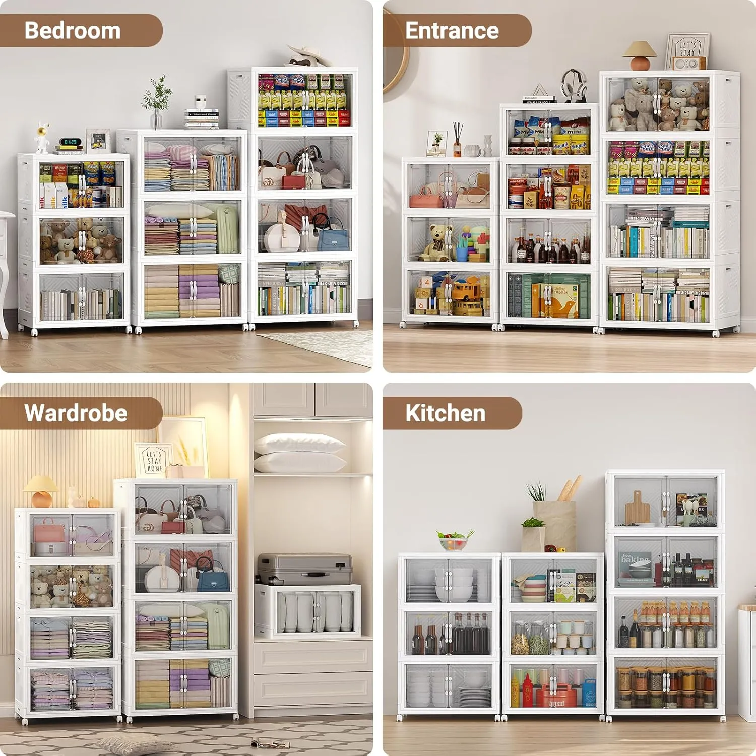 V20 400QT Stackable Storage Bins with Lid, 100Gal Plastic Box, Collapsible Containers with Wheels, Foldable Cabinets with Doors, Closet Organizer, 4Pack White