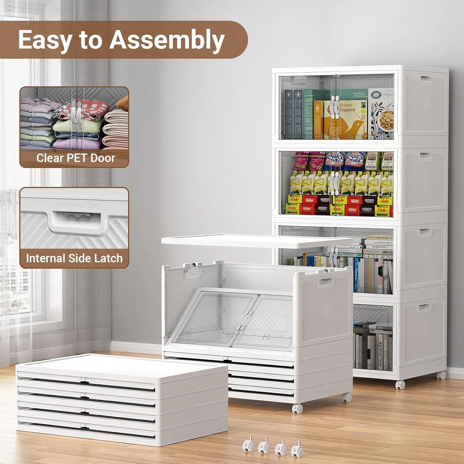 V20 400QT Stackable Storage Bins with Lid, 100Gal Plastic Box, Collapsible Containers with Wheels, Foldable Cabinets with Doors, Closet Organizer, 4Pack White