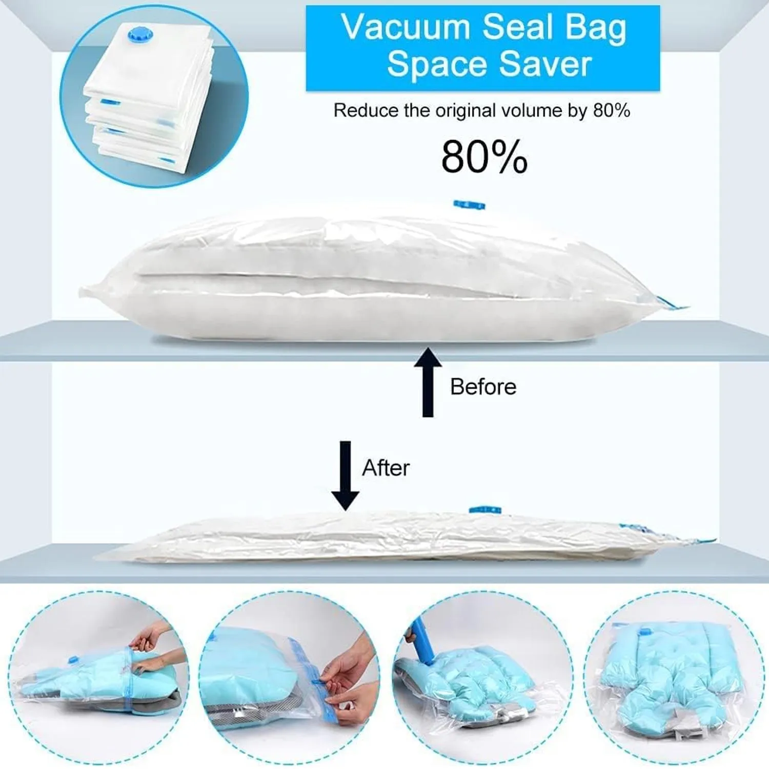 Vacuum Storage Bags with Suction Pump & Shirt clips - Vacuum Bags - Big Capacity Vacuum Seal Bags for Travel Clothes Blankets Pillows, Compression Bags | Space Saver Vacuum Storage Bags (5 Pcs Set)