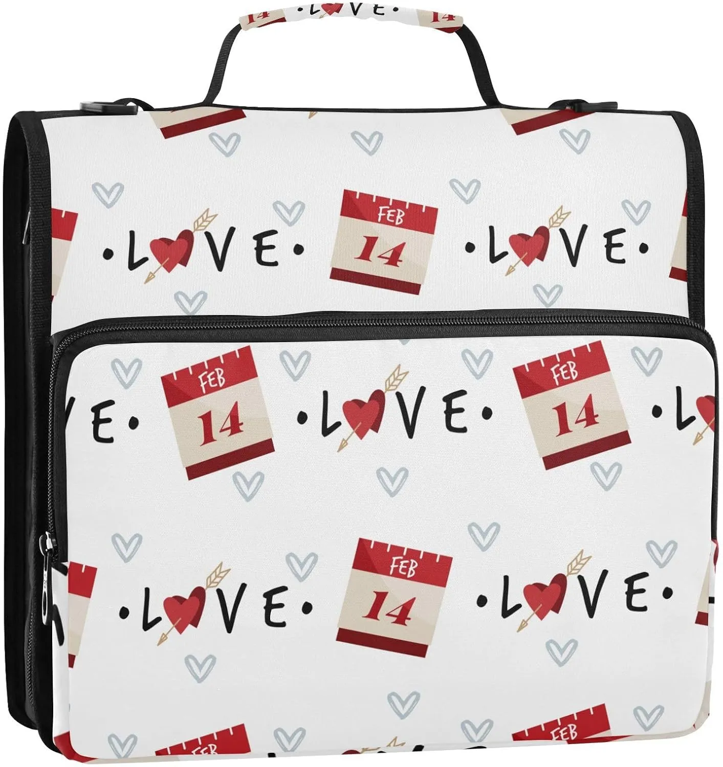 Valentine's Day Calendar February 3 Ring Zipper Binder Bag 1.5 Inch with Shoulder Strap Waterproof Multi-Pocket Zipper Organizer Comes with Shoulder Strap for School