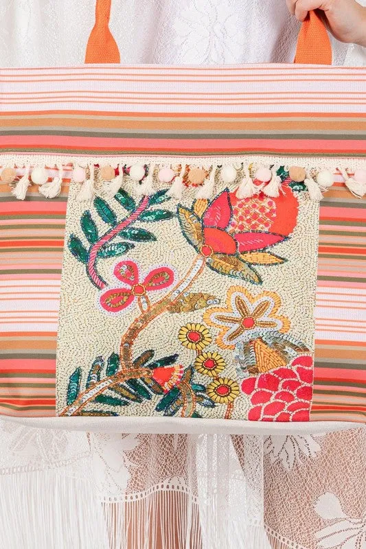 Various Flower and Tassel Beaded Tote Bag