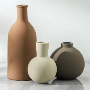 Vase Set of 3 | Ceramic Neutral Vases Home Decor | Rustic Flower Pottery Vases Modern Farmhouse Vase for Table Entryway Mantel Centerpiece Bookshelf Living Room Bathroom Bedroom -Brown Large